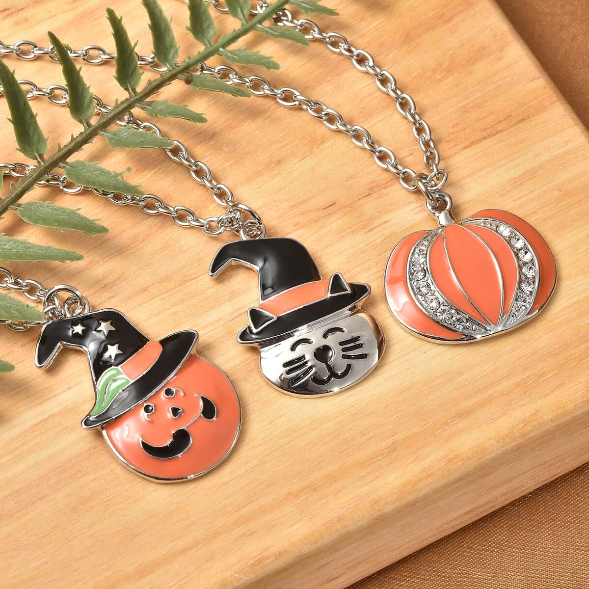 Halloween Set of 3 Austrian Crystal and Enameled Jack-O-Lantern, Kitty and Pumpkin Necklace 20 Inches in Silver image number 1