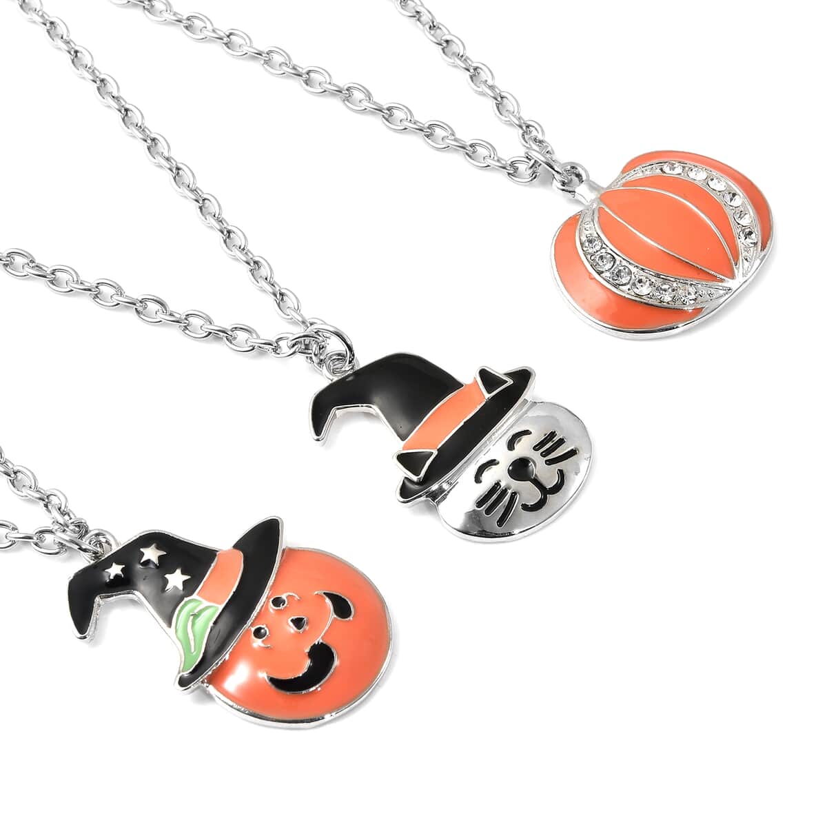 Halloween Set of 3 Austrian Crystal and Enameled Jack-O-Lantern, Kitty and Pumpkin Necklace 20 Inches in Silver image number 2