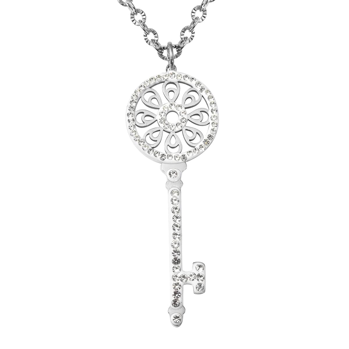 Austrian Crystal Key Shape Pendant Necklace 28 Inches in Stainless Steel 2.00 ctw image number 0