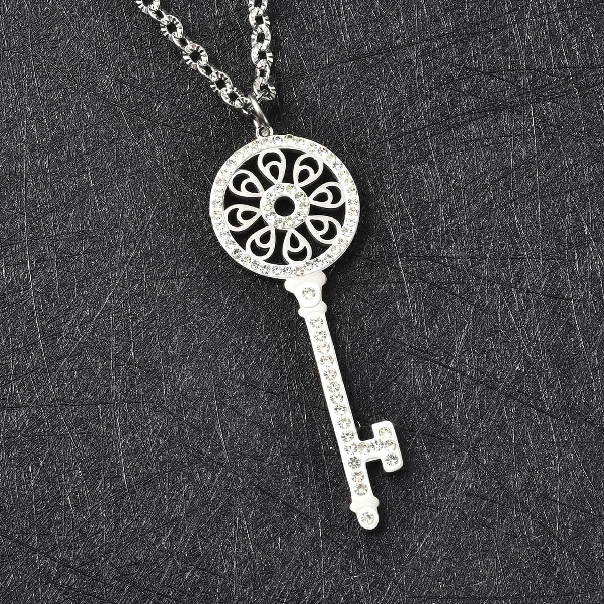 Austrian Crystal Key Shape Pendant Necklace 28 Inches in Stainless Steel 2.00 ctw image number 1