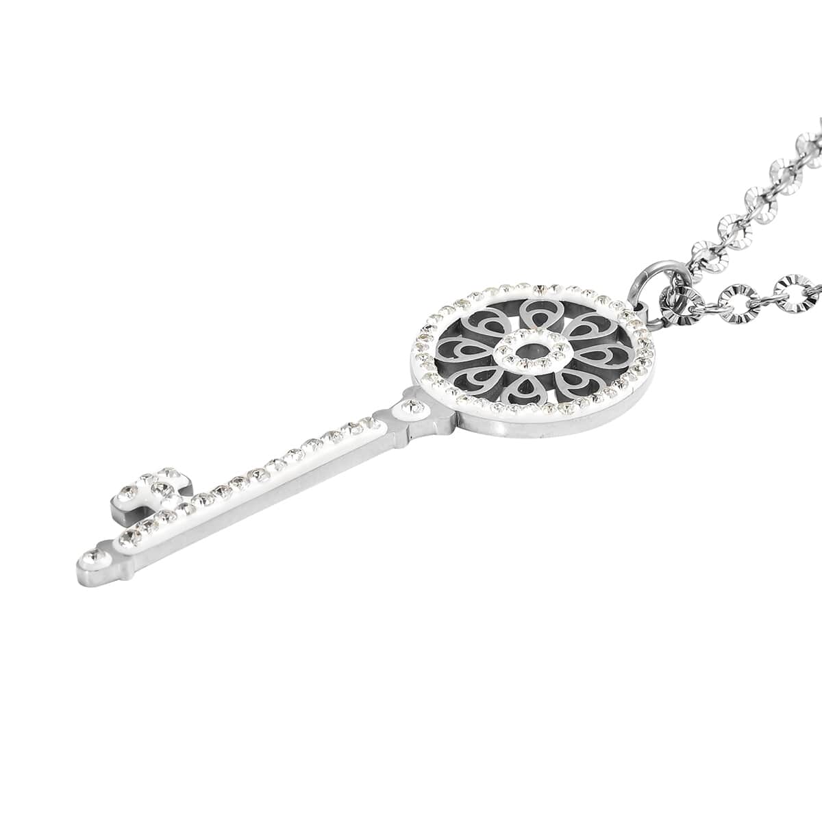 Austrian Crystal Key Shape Pendant Necklace 28 Inches in Stainless Steel 2.00 ctw image number 2