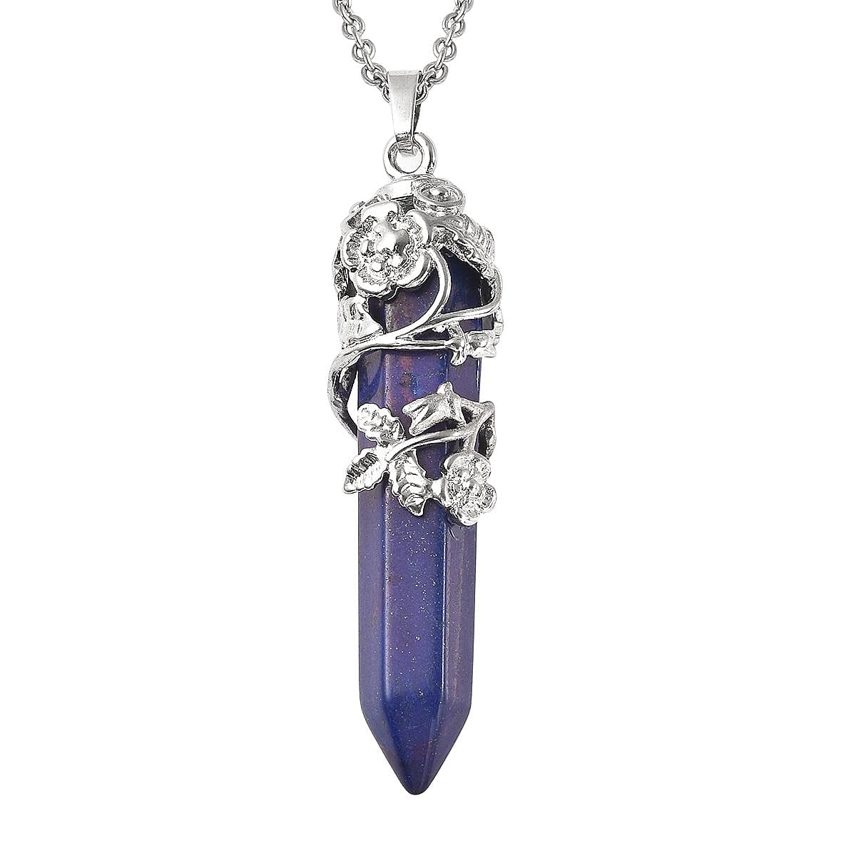 Lapis Lazuli Pointer Pendant in Silvertone with Stainless Steel Necklace 24 Inches 55.00 ctw image number 0