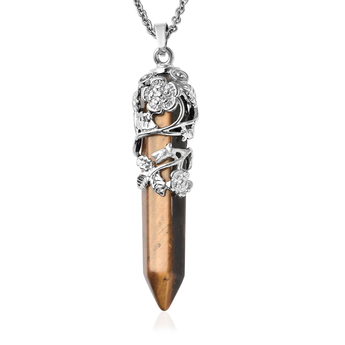 Tiger's Eye 55.00 ctw Pointer Pendant in Silvertone with Stainless Steel Necklace 24 Inches image number 0