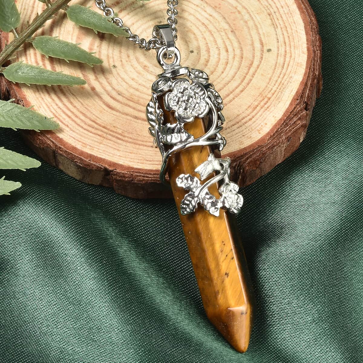 Tiger's Eye 55.00 ctw Pointer Pendant in Silvertone with Stainless Steel Necklace 24 Inches image number 1