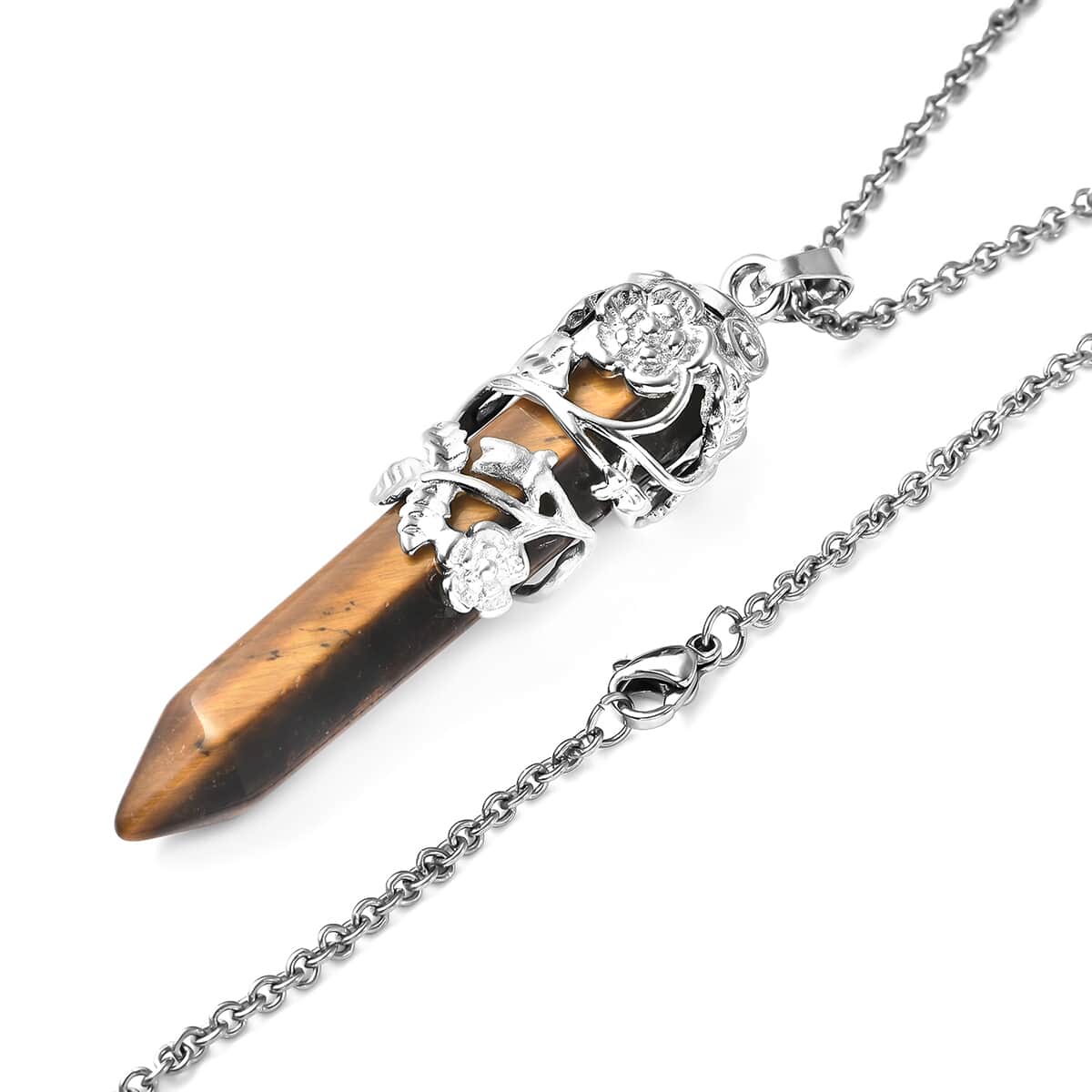 Tiger's Eye 55.00 ctw Pointer Pendant in Silvertone with Stainless Steel Necklace 24 Inches image number 2