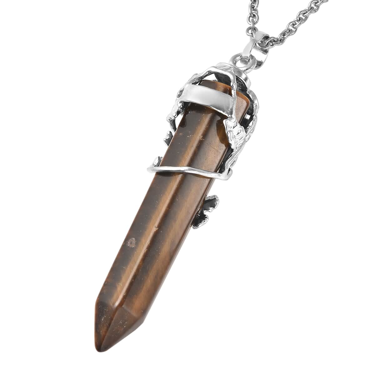 Tiger's Eye 55.00 ctw Pointer Pendant in Silvertone with Stainless Steel Necklace 24 Inches image number 3