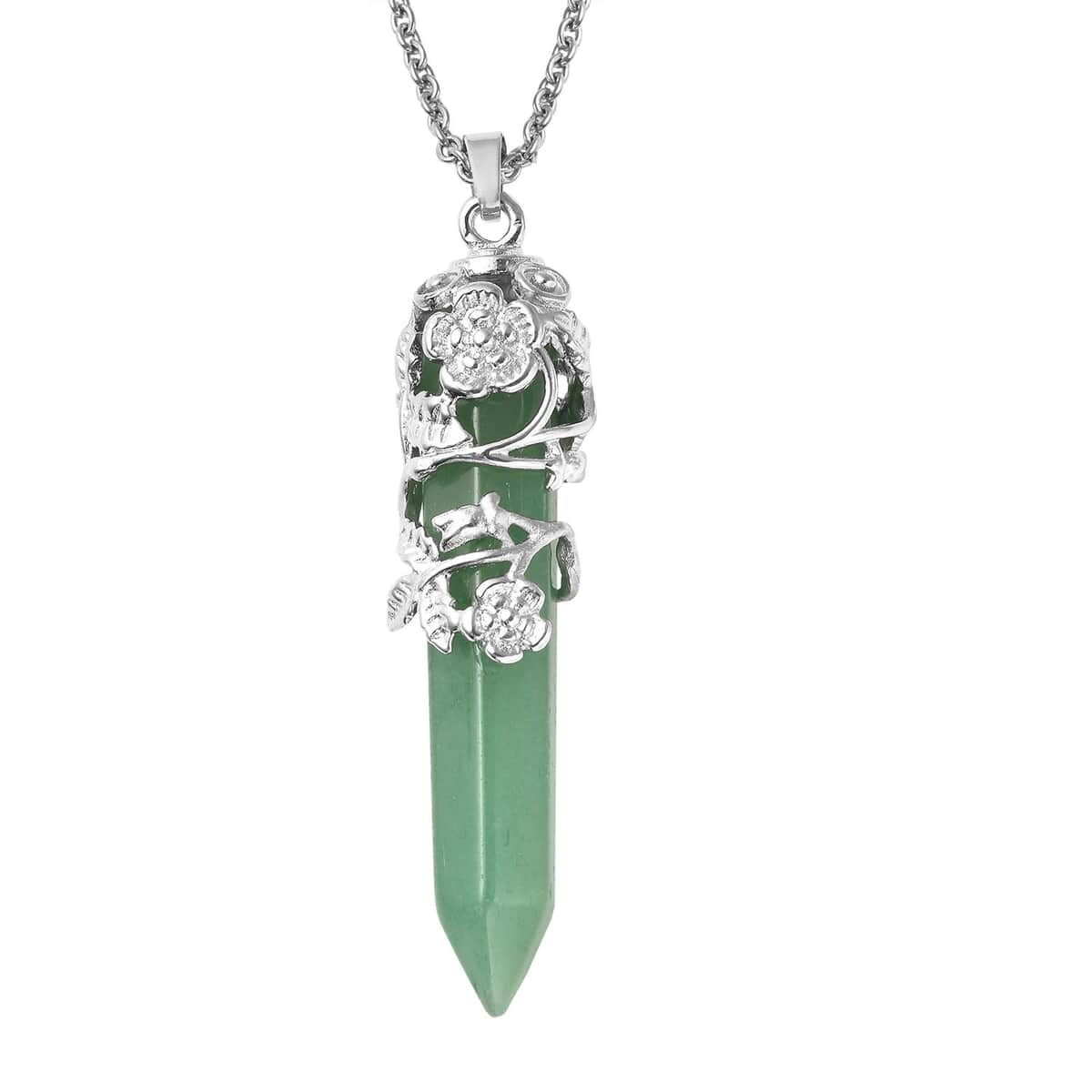 Green Aventurine 45.00 ctw Pointer Pendant in Silvertone with Stainless Steel Necklace 24 Inches image number 0
