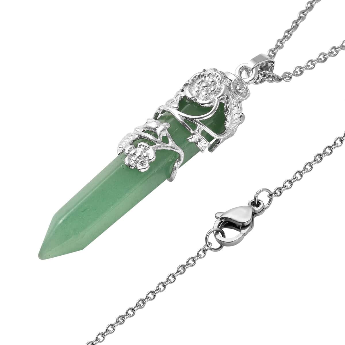 Green Aventurine 45.00 ctw Pointer Pendant in Silvertone with Stainless Steel Necklace 24 Inches image number 2