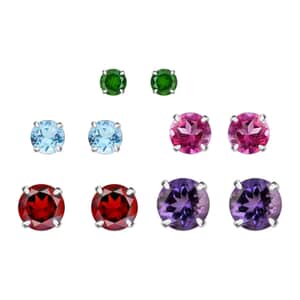 Set of 5 Graduating Multi Gemstone Solitaire Stud Earrings in Sterling Silver 6.50 ctw