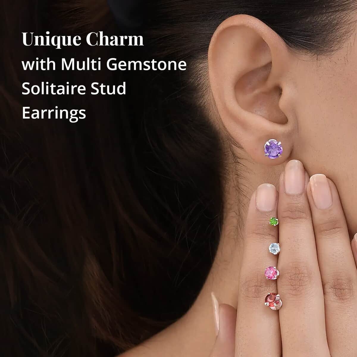 Set of 5 Graduating Multi Gemstone Solitaire Stud Earrings in Sterling Silver 6.50 ctw image number 1