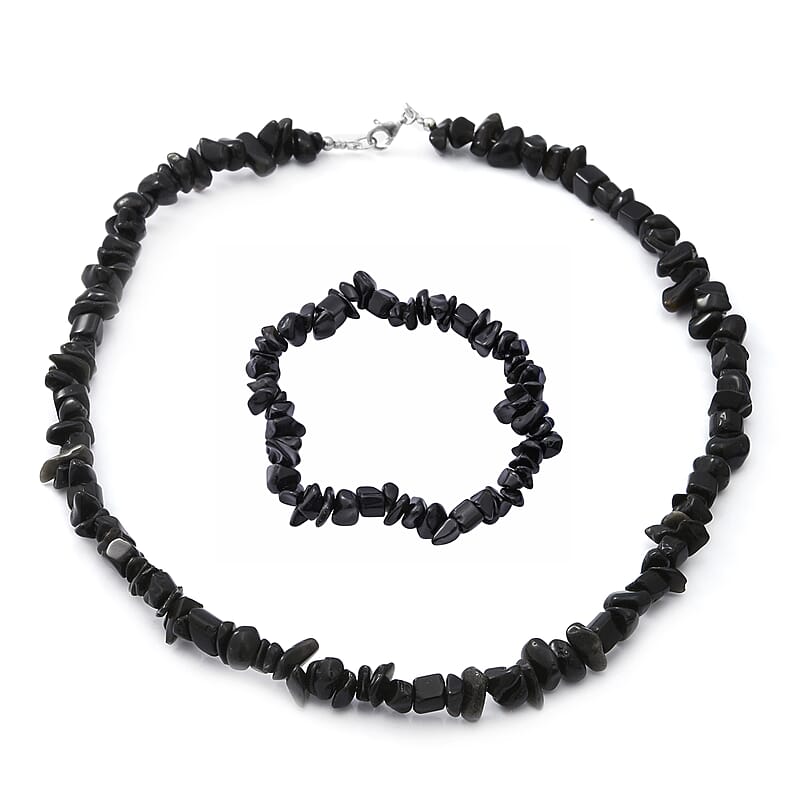 Black Obsidian Beaded Stretch Bracelet and Beaded Necklace (18 Inches) in Sterling Silver 170.00 ctw
