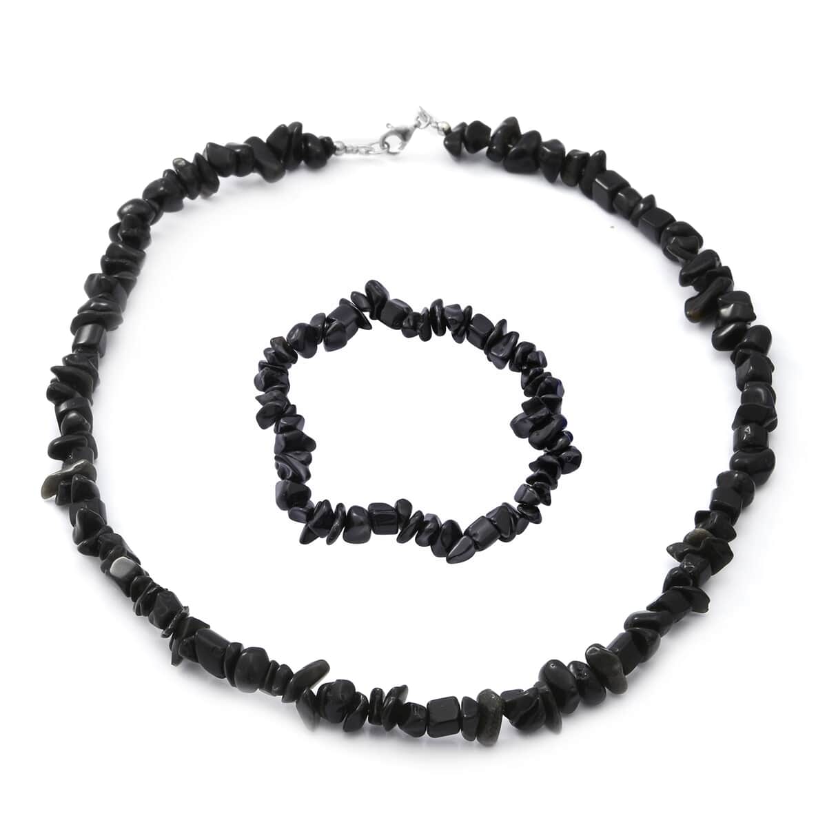 Black Obsidian Beaded Stretch Bracelet and Beaded Necklace (18 Inches) in Sterling Silver 170.00 ctw image number 0
