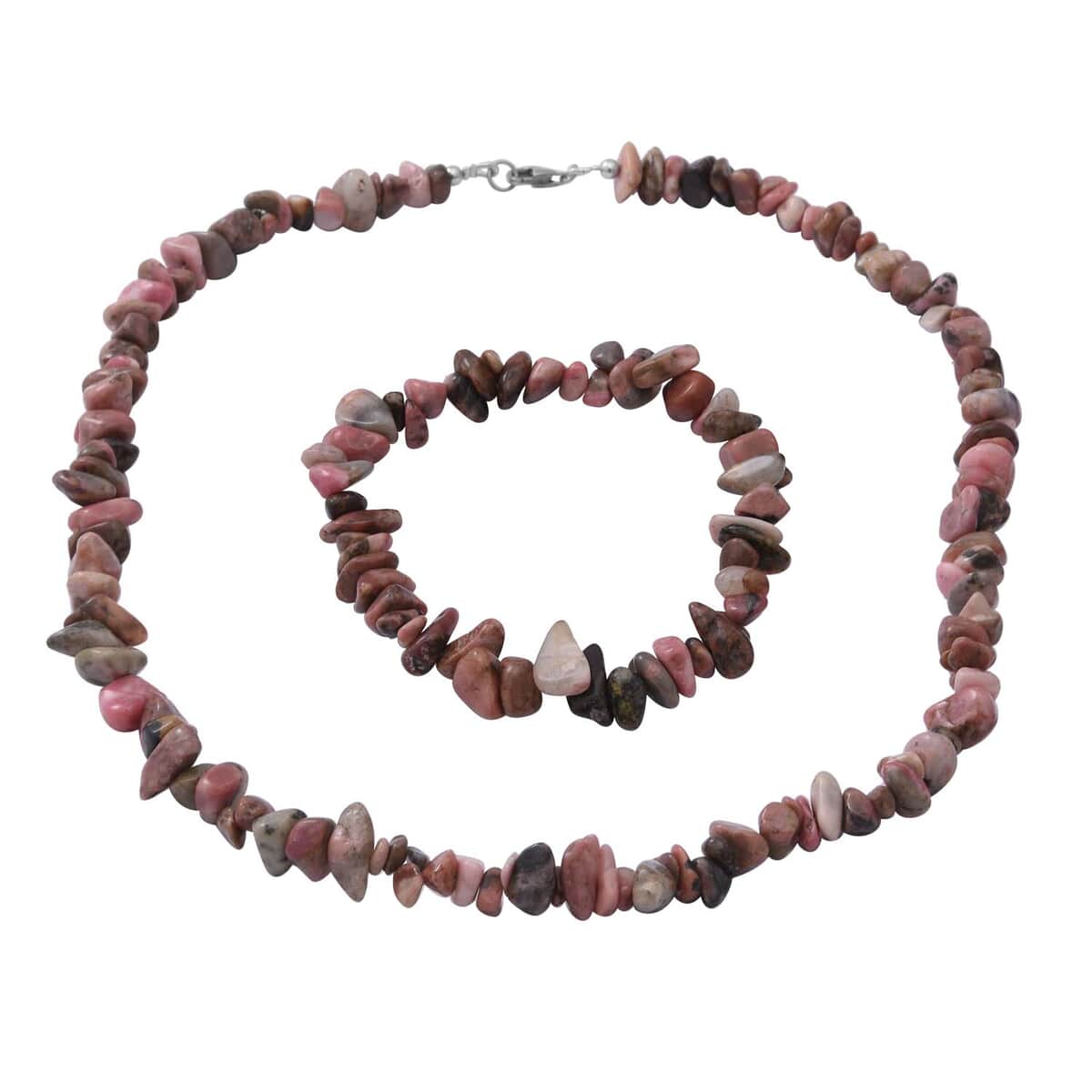 Rhodonite Beaded Stretch Bracelet and Beaded Necklace 18 Inches in Sterling Silver 170.00 ctw image number 0