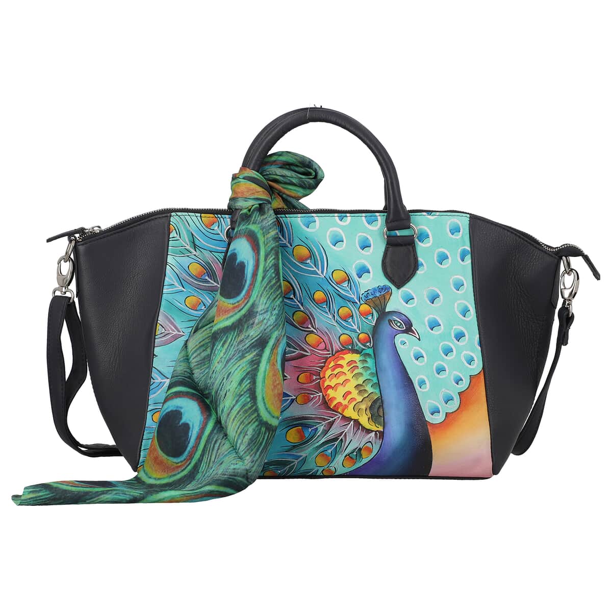 SUKRITI Black Peacock Pattern Genuine Leather Satchel Bag with Matching Silk Scarf image number 0