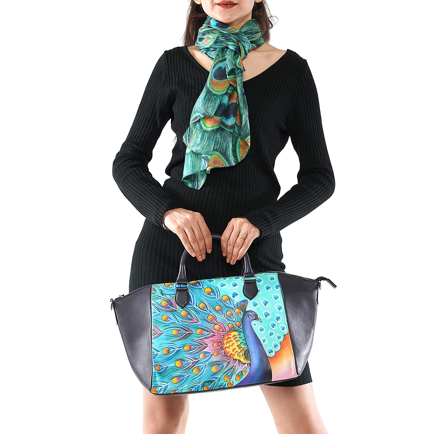SUKRITI Black Peacock Pattern Genuine Leather Satchel Bag with Matching Silk Scarf