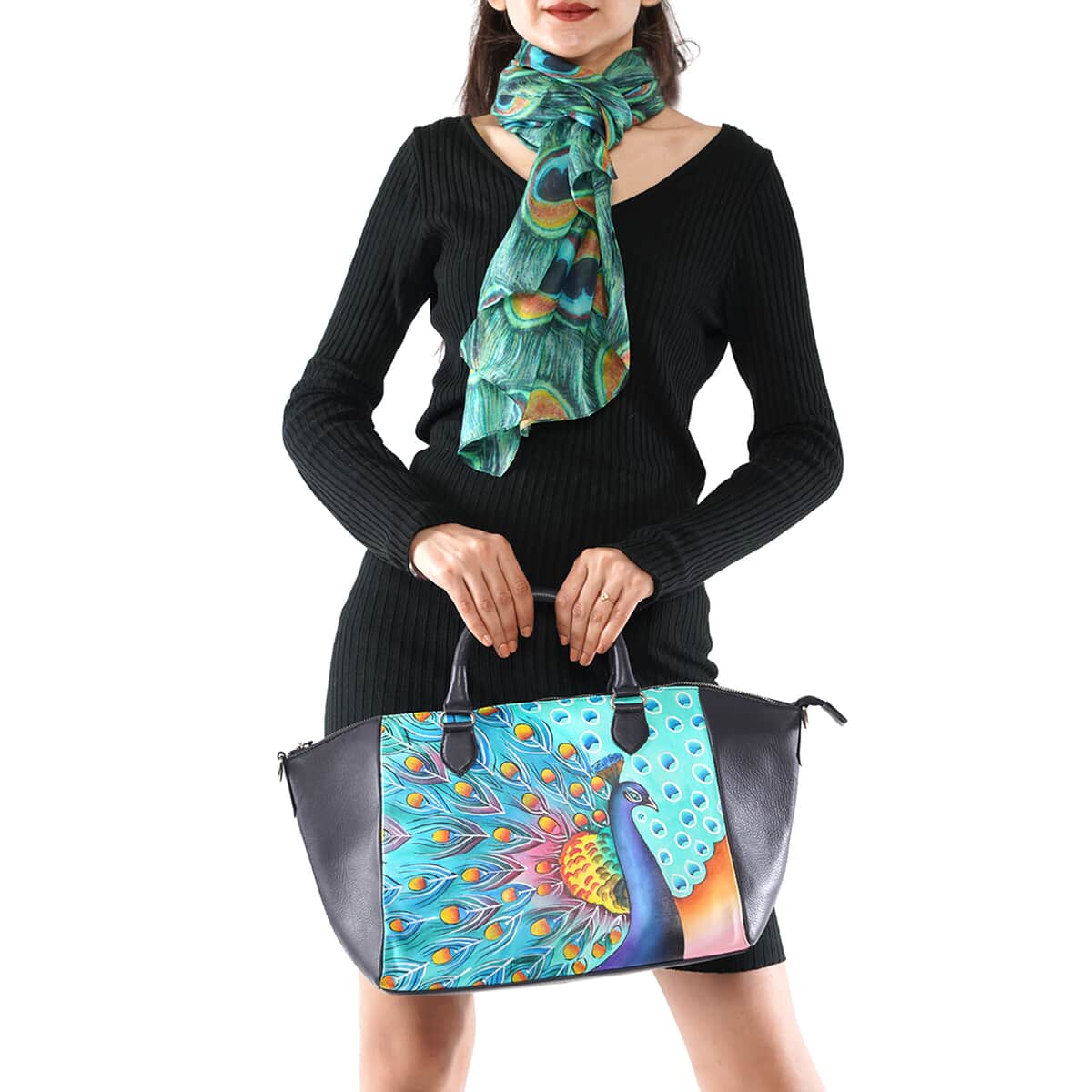 SUKRITI Black Peacock Pattern Genuine Leather Satchel Bag with Matching Silk Scarf image number 2