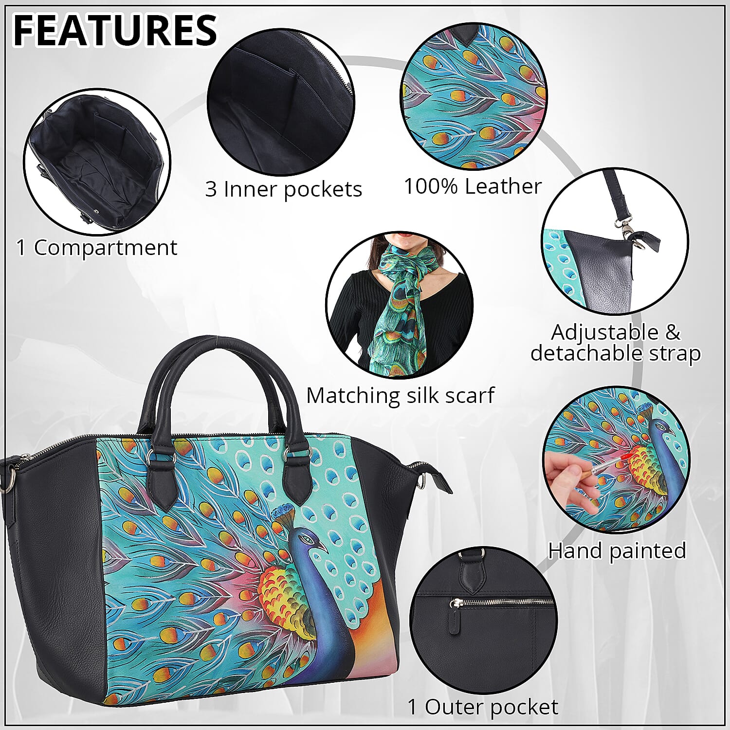 SUKRITI Black Peacock Pattern Genuine Leather Satchel Bag with Matching Silk Scarf