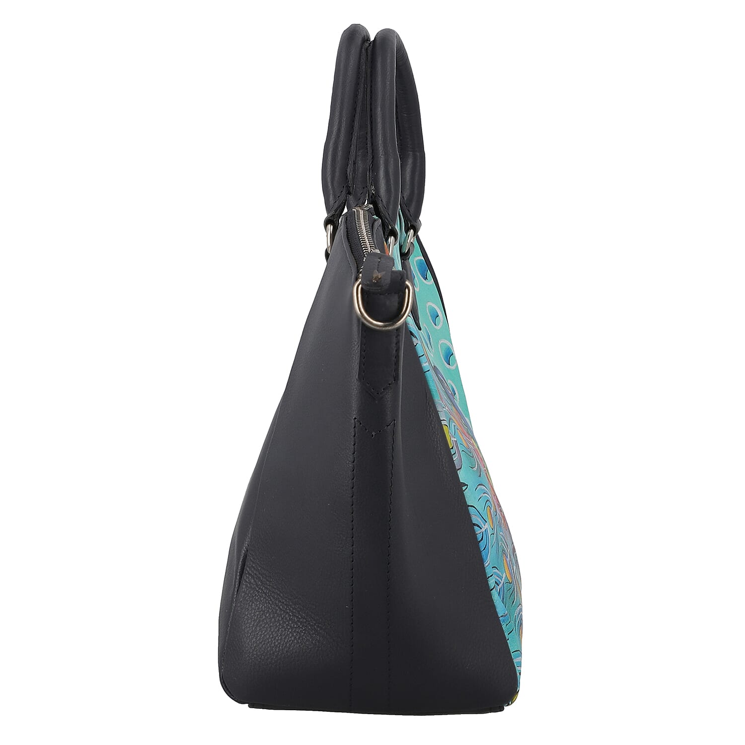 SUKRITI Black Peacock Pattern Genuine Leather Satchel Bag with Matching Silk Scarf