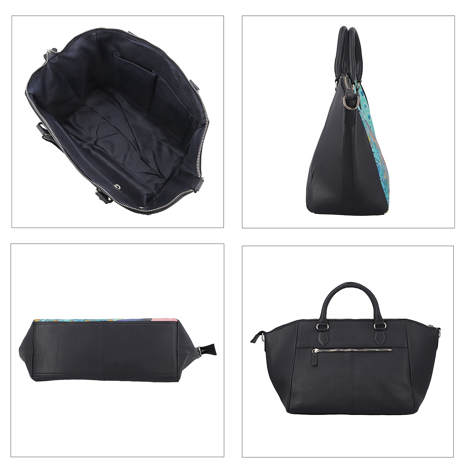 SUKRITI Black Peacock Pattern Genuine Leather Satchel Bag with Matching Silk Scarf