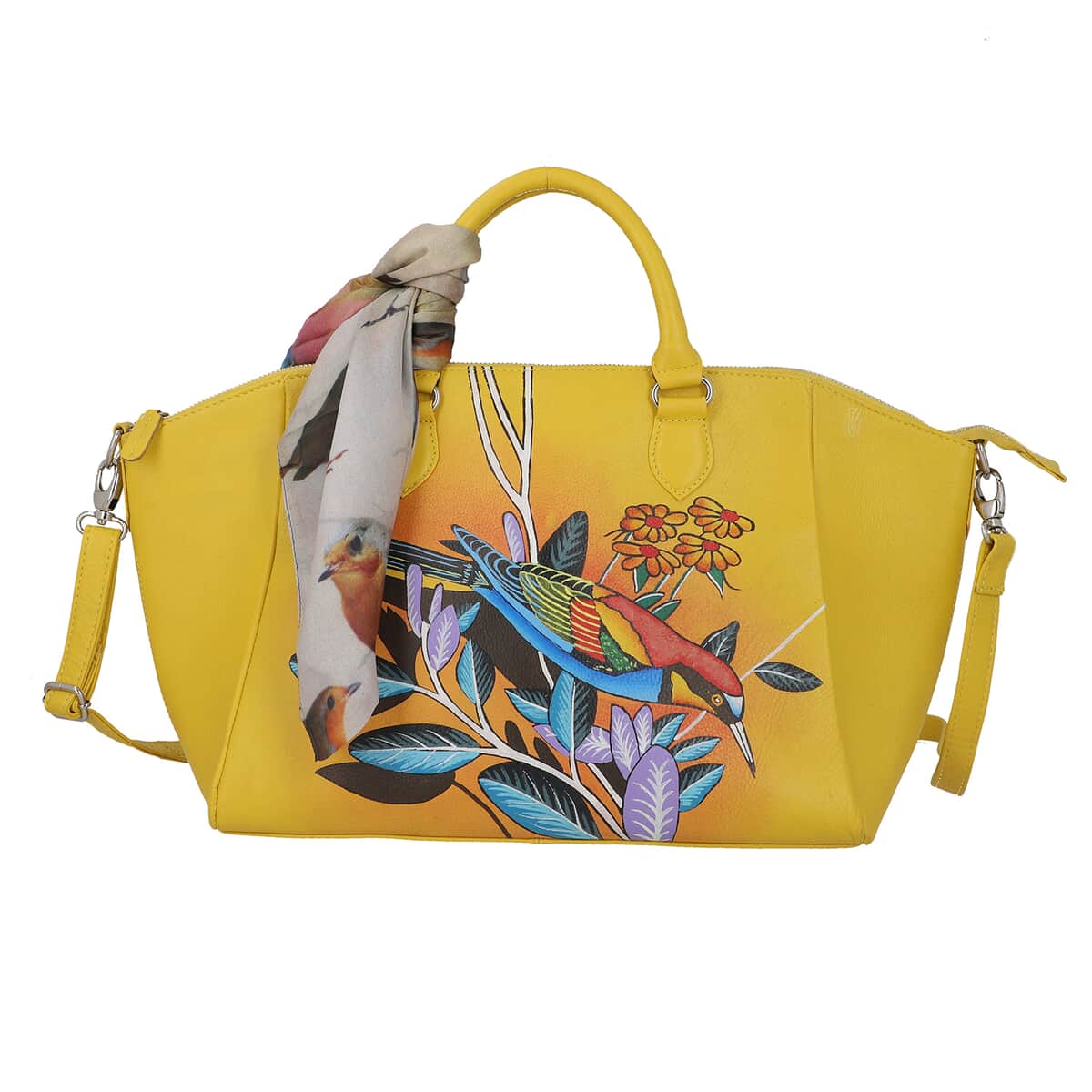 SUKRITI Yellow Humming Bird Pattern Genuine Leather Satchel Bag with Matching Silk Scarf image number 0