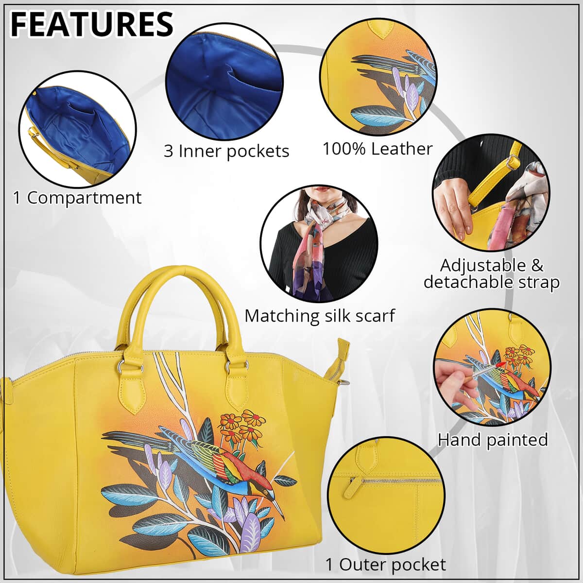 SUKRITI Yellow Humming Bird Pattern Genuine Leather Satchel Bag with Matching Silk Scarf image number 3