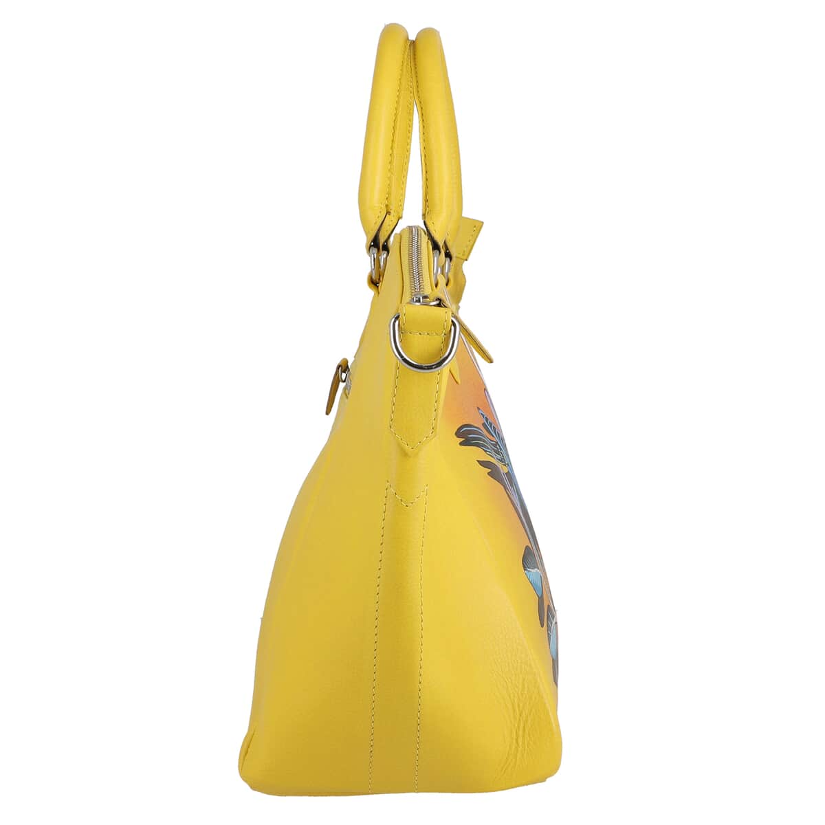 SUKRITI Yellow Humming Bird Pattern Genuine Leather Satchel Bag with Matching Silk Scarf image number 4