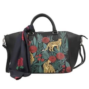 Sukriti Black Leopard and Floral Pattern Genuine Leather Satchel Bag with Matching Silk Scarf