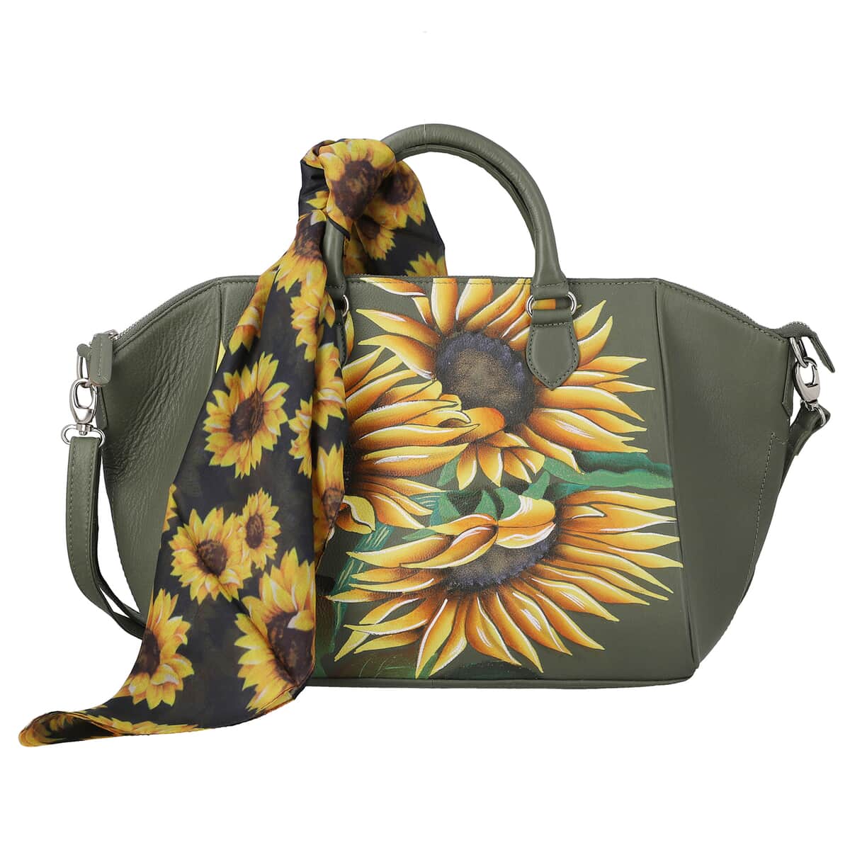 SUKRITI Dark Green Floral Pattern Genuine Leather Satchel Bag with Matching Silk Scarf image number 0