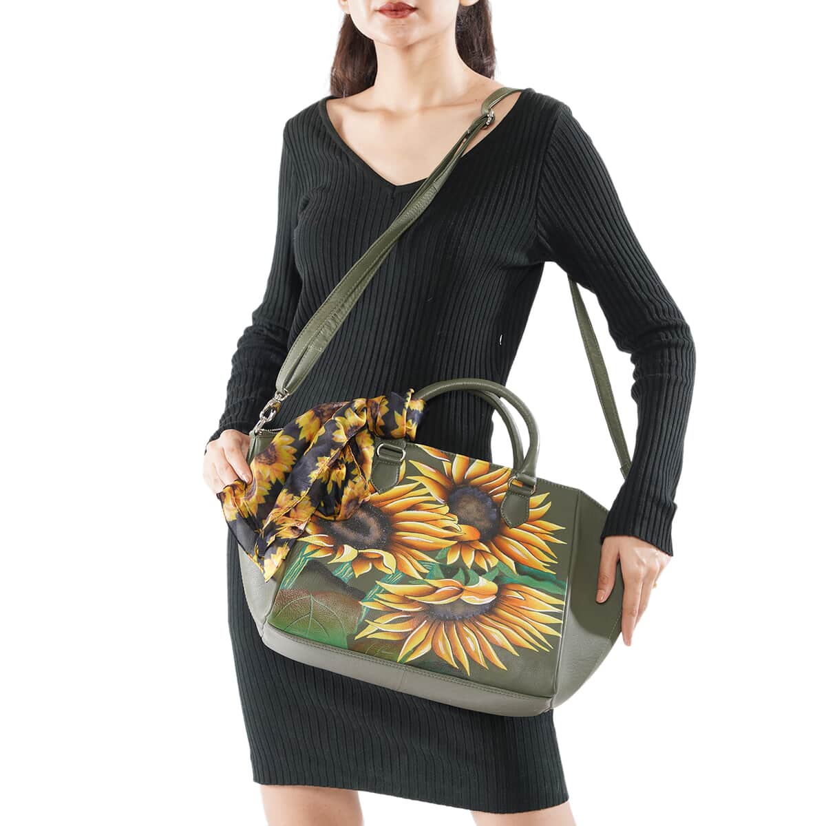 SUKRITI Dark Green Floral Pattern Genuine Leather Satchel Bag with Matching Silk Scarf image number 1