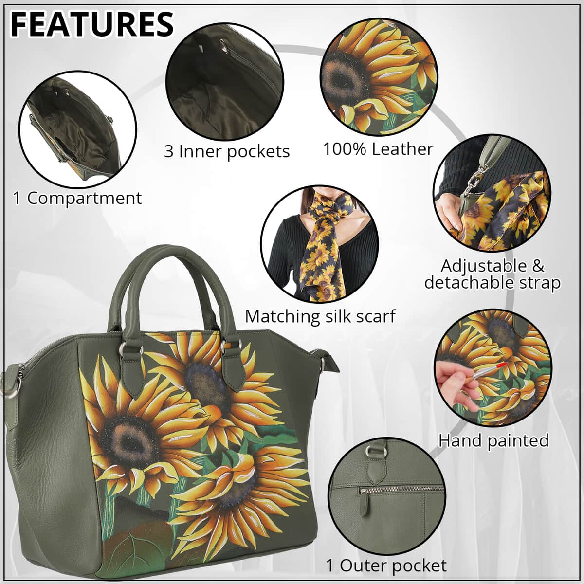 SUKRITI Dark Green Floral Pattern Genuine Leather Satchel Bag with Matching Silk Scarf image number 3