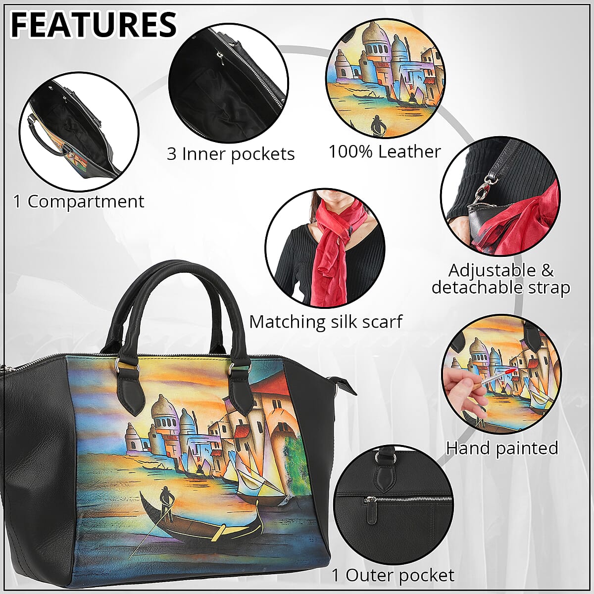SUKRITI Black River Landscape Pattern Genuine Leather Satchel Bag with Matching Silk Scarf image number 3