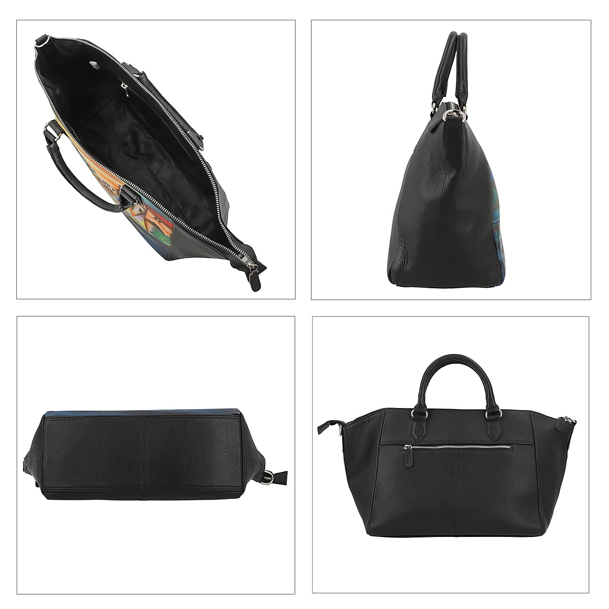 SUKRITI Black River Landscape Pattern Genuine Leather Satchel Bag with Matching Silk Scarf image number 6