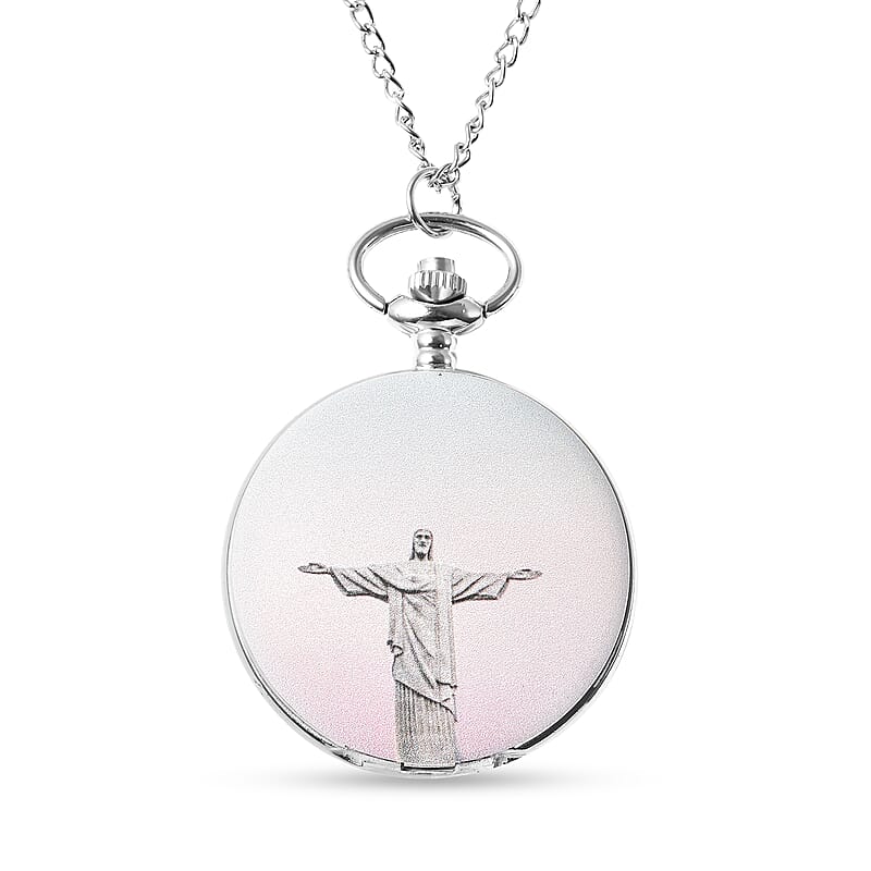 Strada Japanese Movement 3D Christian Pattern Pocket Watch in Silvertone with Chain (31 Inches)