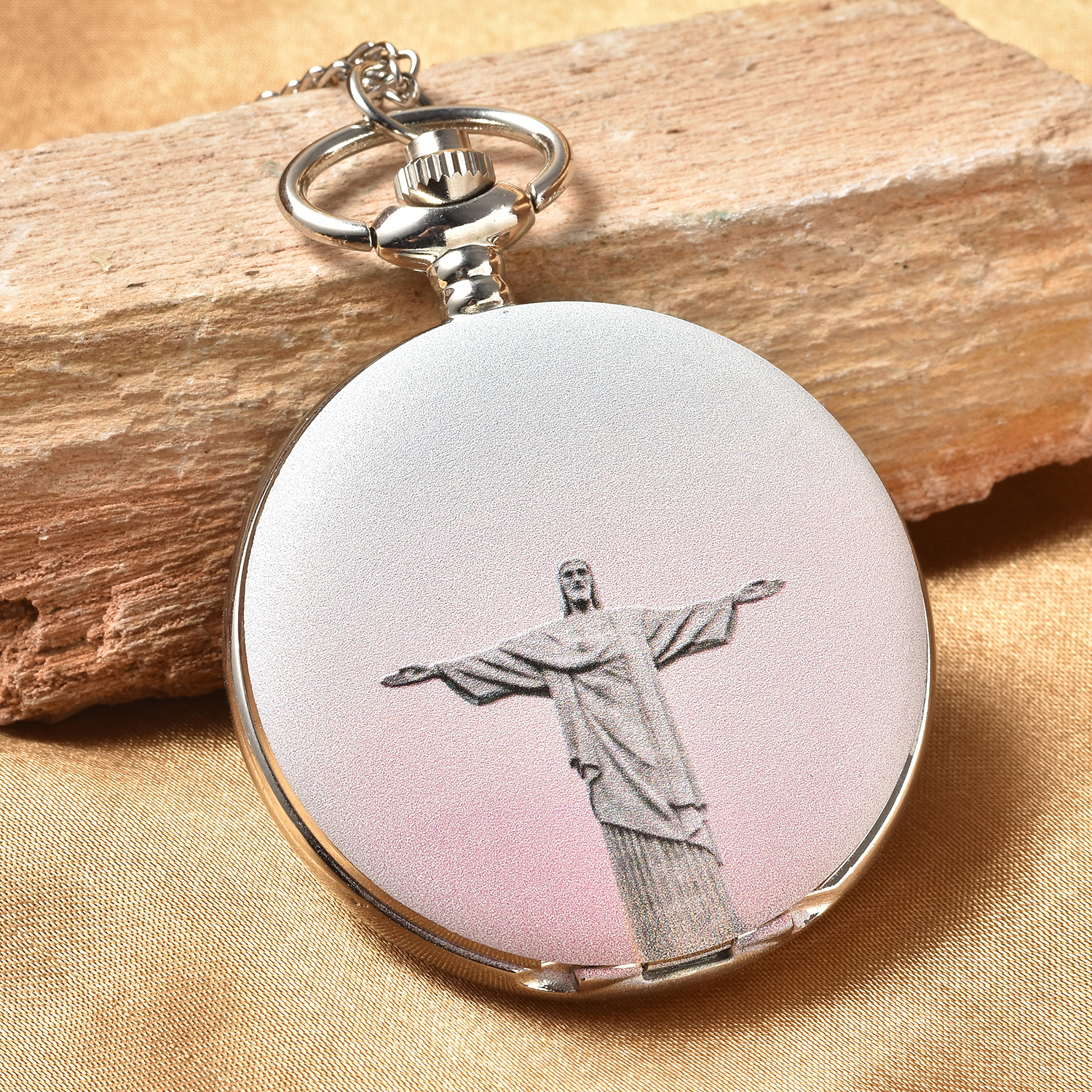 Strada Japanese Movement 3D Christian Pattern Pocket Watch in Silvertone with Chain (31 Inches)