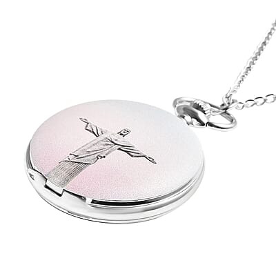 Strada Japanese Movement 3D Christian Pattern Pocket Watch in Silvertone with Chain (31 Inches)