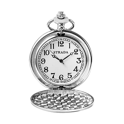 Strada Japanese Movement 3D Christian Pattern Pocket Watch in Silvertone with Chain (31 Inches)