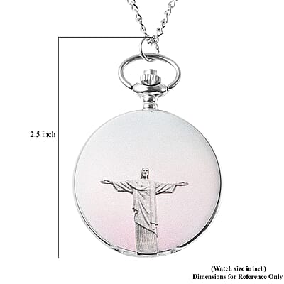 Strada Japanese Movement 3D Christian Pattern Pocket Watch in Silvertone with Chain (31 Inches)