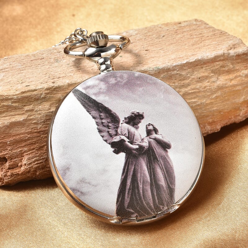 Strada Japanese Movement Guardian Angel Statue Inspired 3D Pattern Pocket Watch in Silvertone with Chain (31 Inches)