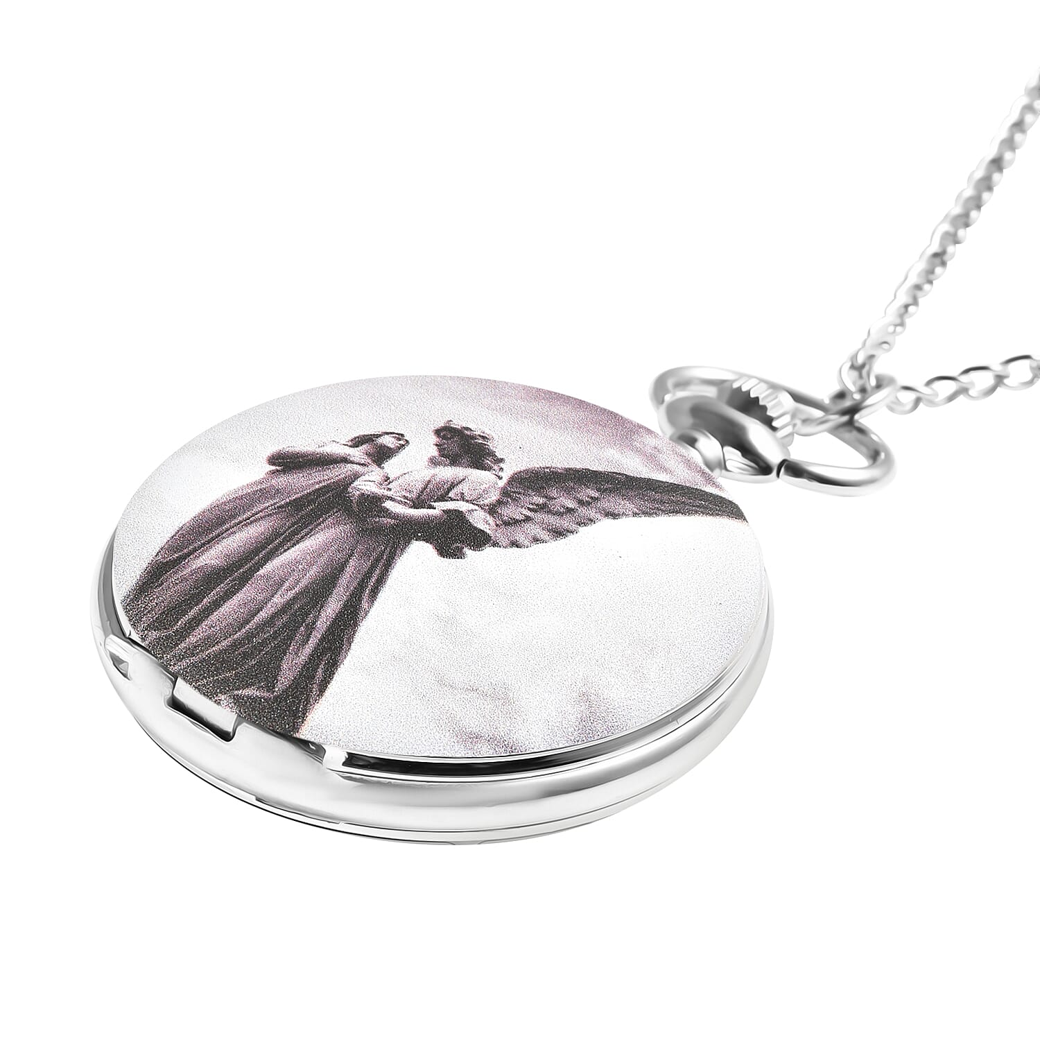Strada Japanese Movement Guardian Angel Statue Inspired 3D Pattern Pocket Watch in Silvertone with Chain (31 Inches)