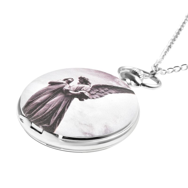 Strada Japanese Movement Guardian Angel Statue Inspired 3D Pattern Pocket Watch in Silvertone with Chain (31 Inches)
