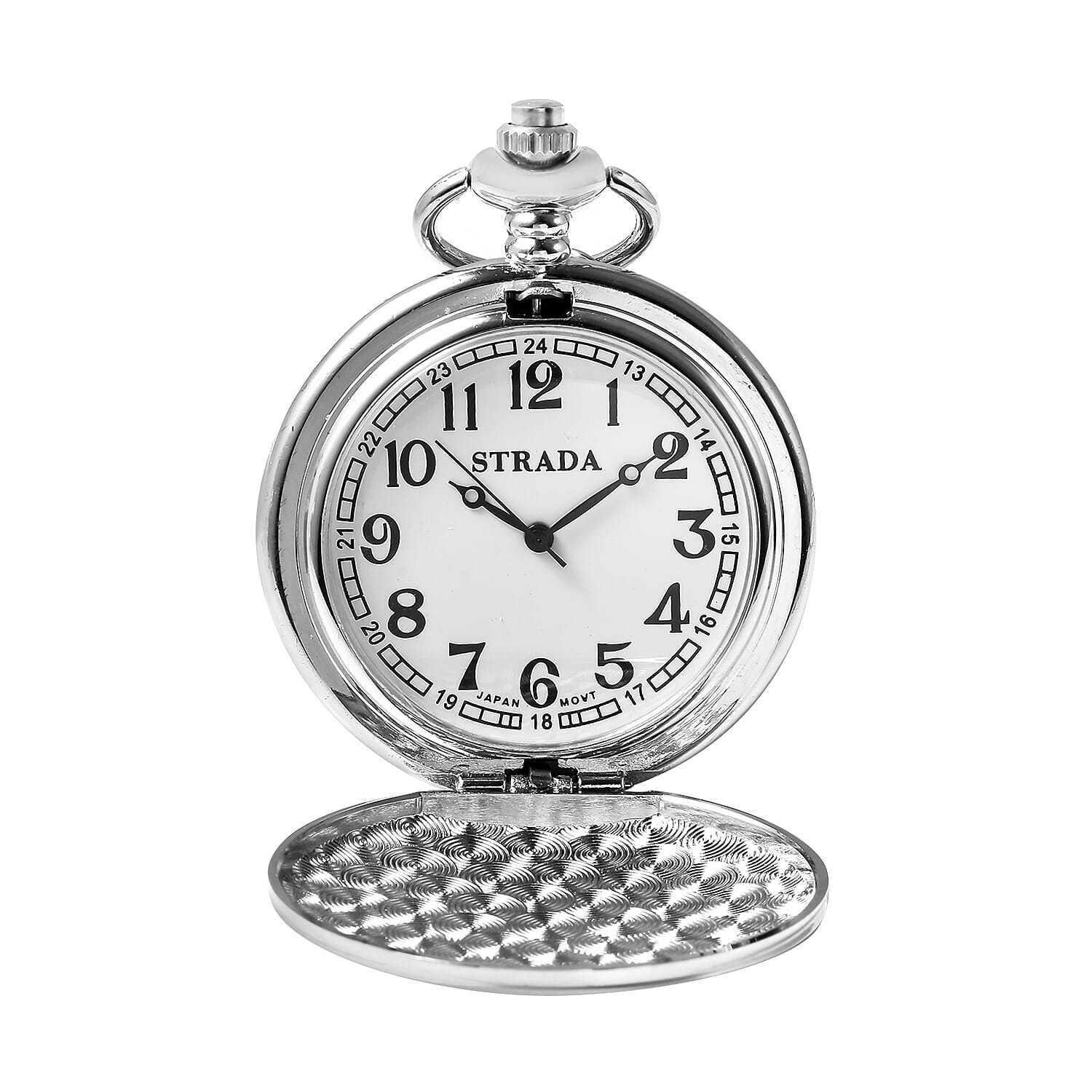Strada Japanese Movement Guardian Angel Statue Inspired 3D Pattern Pocket Watch in Silvertone with Chain (31 Inches)