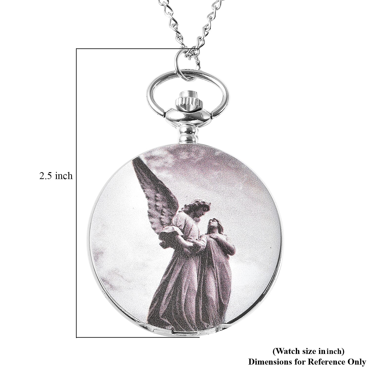 Strada Japanese Movement Guardian Angel Statue Inspired 3D Pattern Pocket Watch in Silvertone with Chain (31 Inches)