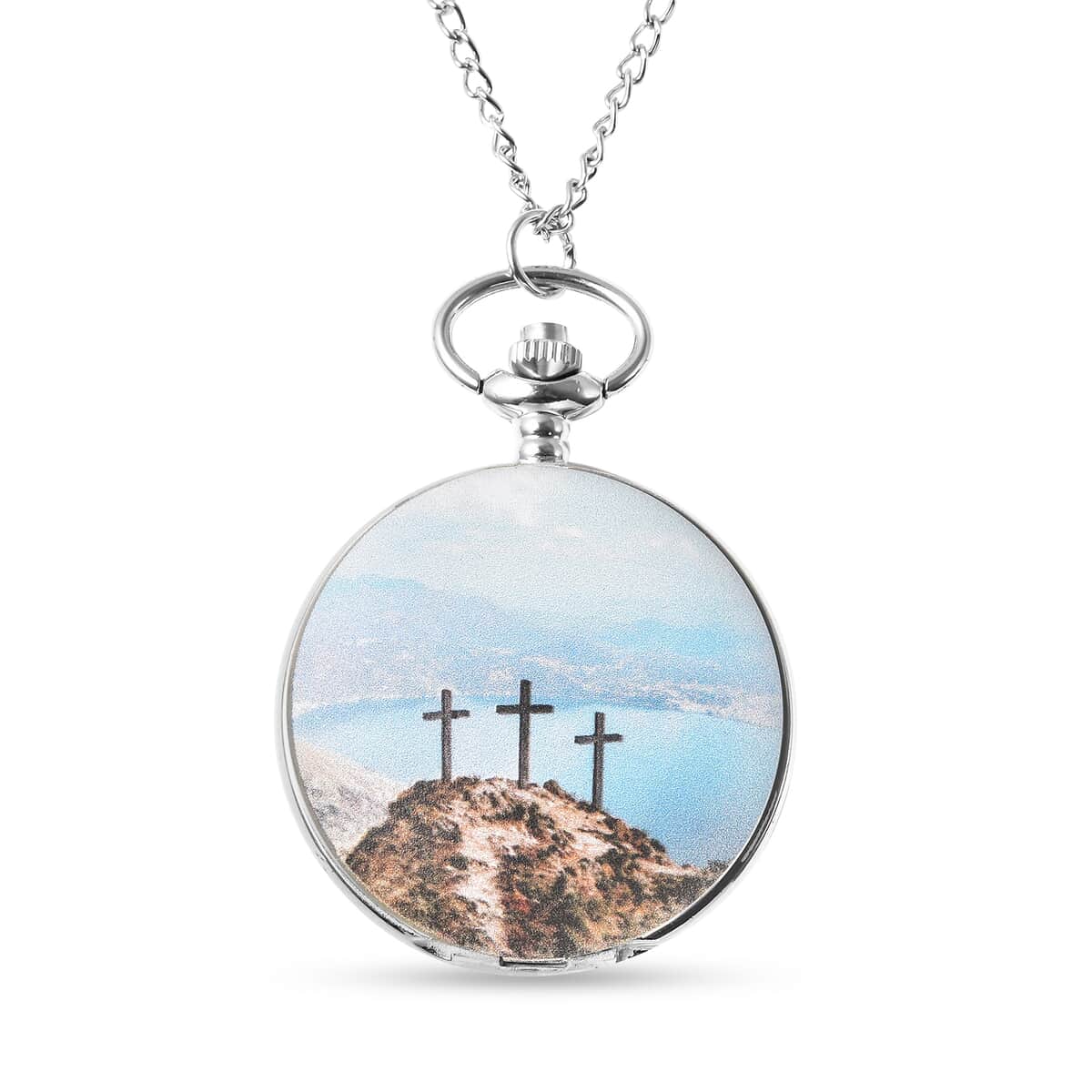 Strada Japanese Movement Three Crosses on Calvary Hill Inspired 3D Pattern Pocket Watch in Silvertone with Chain (31 Inches) image number 0