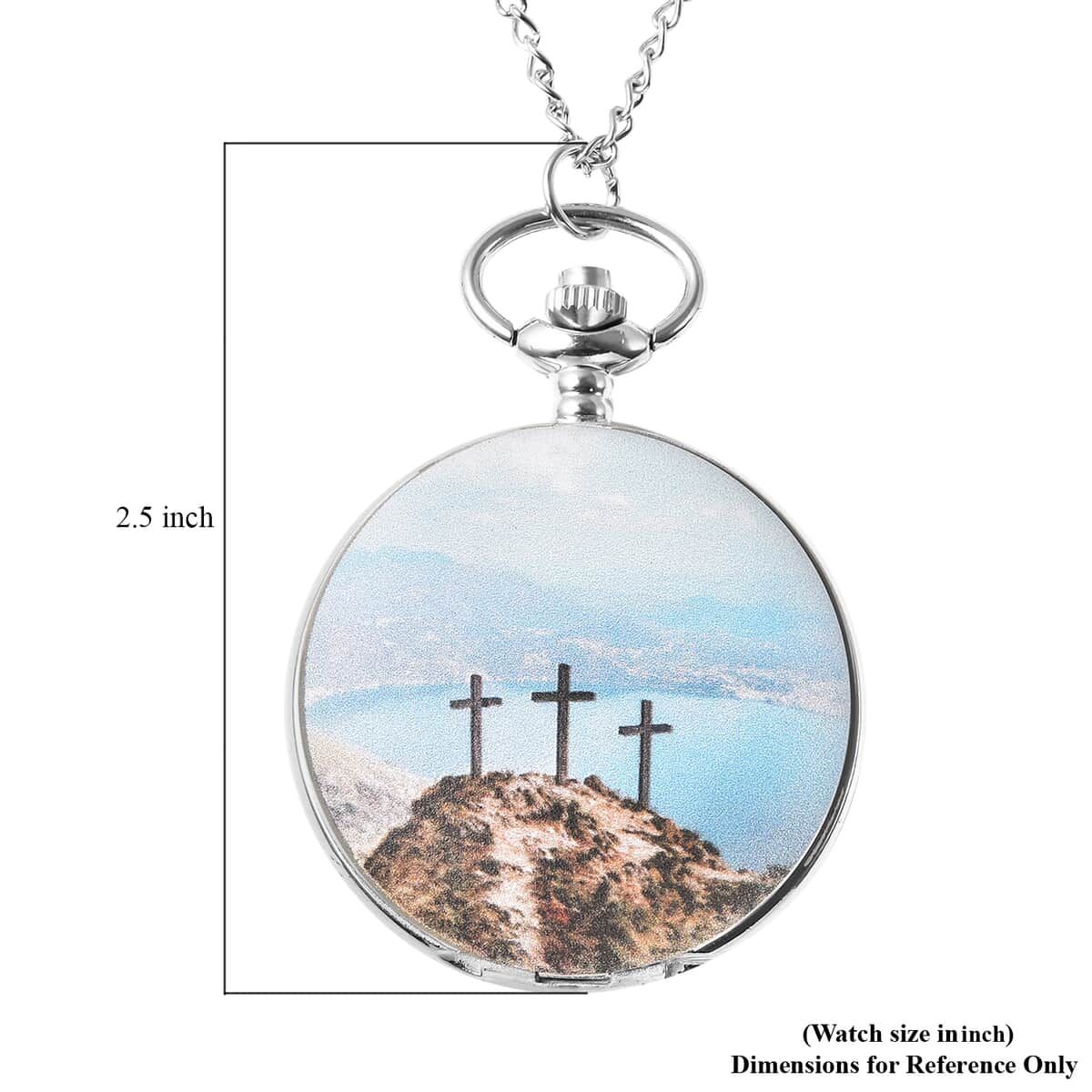 Strada Japanese Movement Three Crosses on Calvary Hill Inspired 3D Pattern Pocket Watch in Silvertone with Chain (31 Inches) image number 5