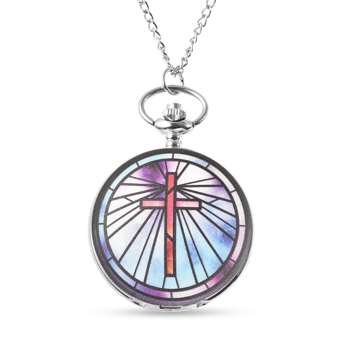 STRADA Japanese Movement The Stained Glass Cross Inspired 3D Pattern Pocket Watch in Silvertone with Chain (31 Inches) image number 0
