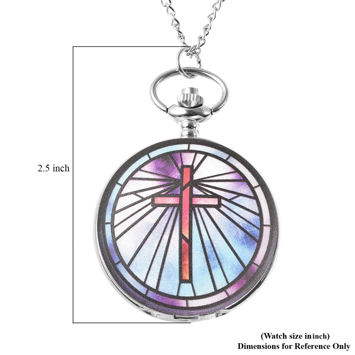 STRADA Japanese Movement The Stained Glass Cross Inspired 3D Pattern Pocket Watch in Silvertone with Chain (31 Inches) image number 5