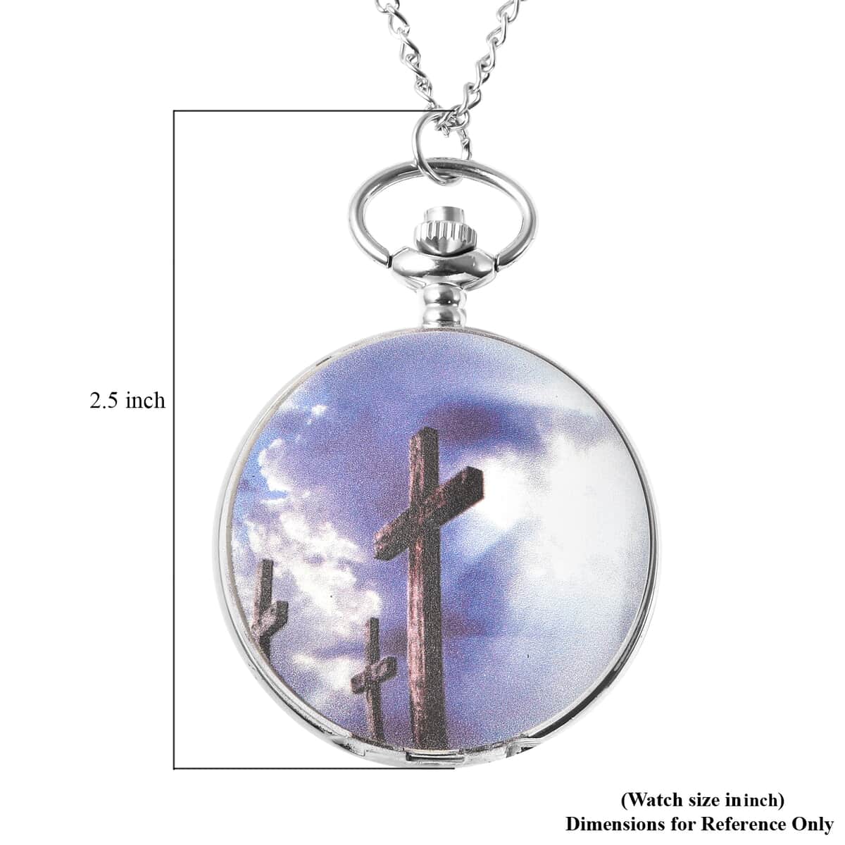 STRADA Japanese Movement The Island Cross Inspired 3D Pattern Pocket Watch in Silvertone with Chain (31 Inches) image number 5