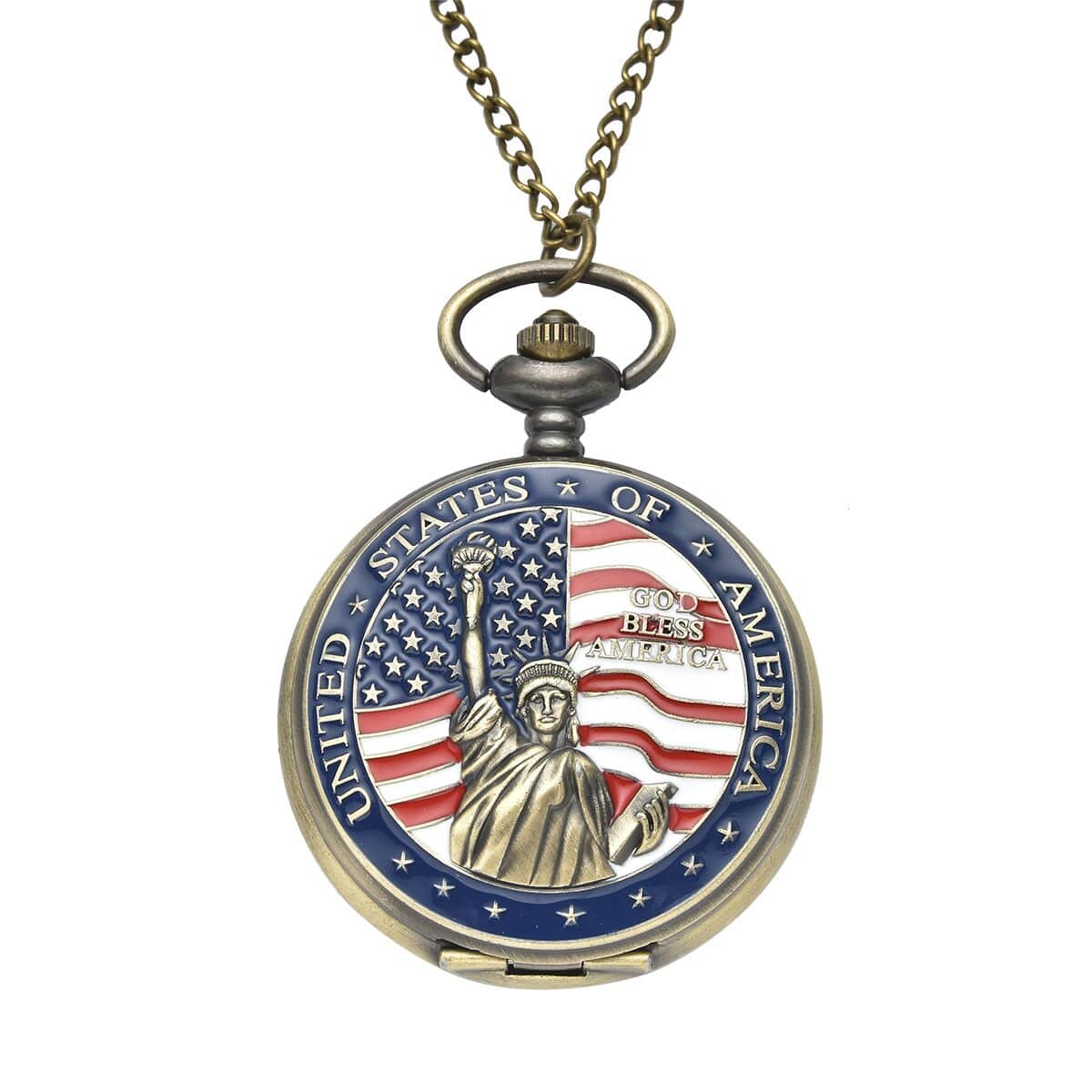 Strada Japanese Movement Antique Statue of Liberty with American Flag Pattern Pocket Watch with Chain (31 Inches) image number 0
