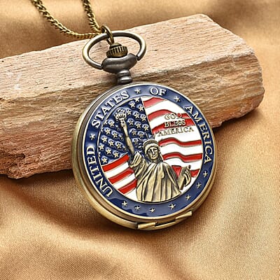 Strada Japanese Movement Antique Statue of Liberty with American Flag Pattern Pocket Watch with Chain 31 Inches