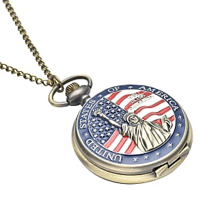 Strada Japanese Movement Antique Statue of Liberty with American Flag Pattern Pocket Watch with Chain 31 Inches